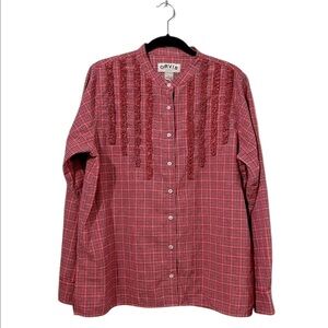 Orvis Plaid Ruffle Long Sleeve Button Down Cotton Shirt Blouse Sz XL